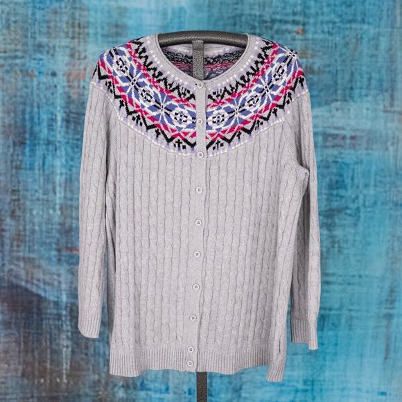 Woman Within Fair Isle Cable Knit Cardigan Sweater Size 18/20 100% Cotton Cozy - Picture 1 of 6